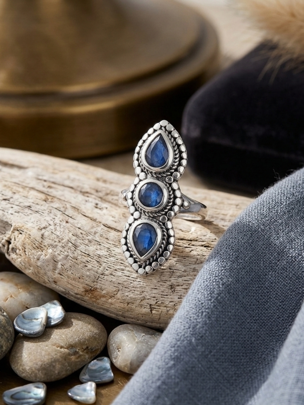 Tanzanian Blue Spinel 3 Stone Sterling Silver Ring 2.00 CTW